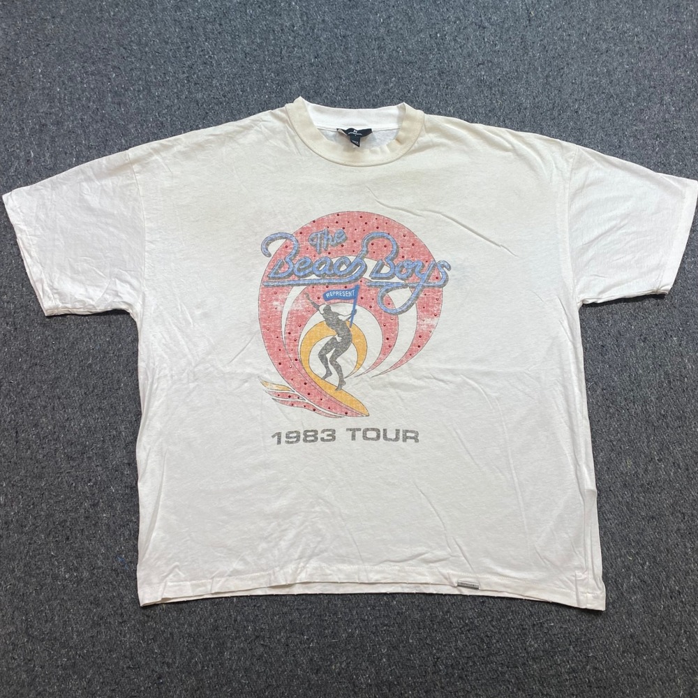 Represent The Beach Boys 1983 Tour TShirt Sz L Mens White Grunge Rhinestone Surf